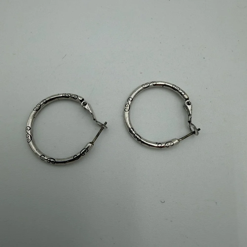 Brighton Small Earring Charm Hoops Silver Engraved Scrollwork Round 1.25 Inch